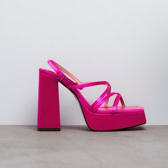 ZARA NWT fuchsia strappy platform heels square toe satin - Picture 3 of 6